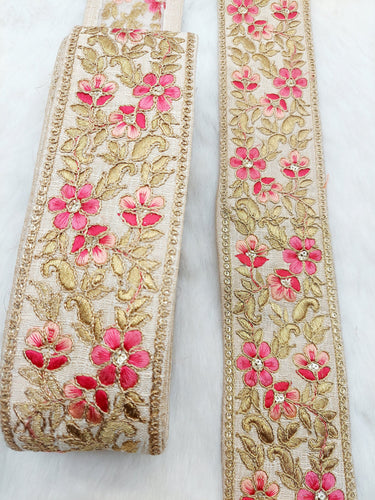 Beige Silk Fabric Trim with Gold and Pink Floral Embroidery, Sari Border Trim, Trim by Yard